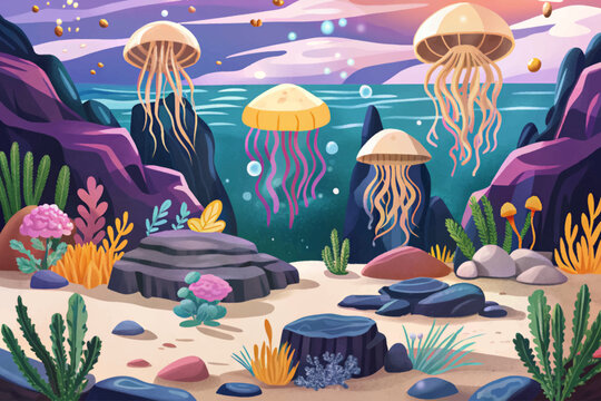 Floating Jellyfish and underwater coral reef filled with colorful marine life cartoon vector ideal for ocean themed projects, environmental visuals, and aquatic biodiversity education content