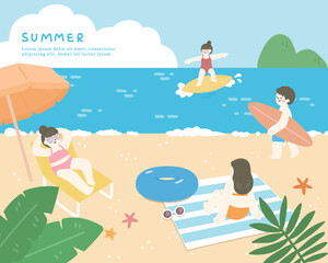 Hand drawn summer template background on the ocean with people sunbathing and surfing.
