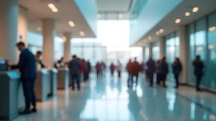 Blurred image of people queuing at a modern indoor service counter, business or government office environment, bright lighting with large windows and digital queue displays, public service scene