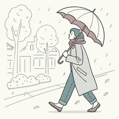 A person walking with an umbrella in the rain near trees and a house on a light colored background art