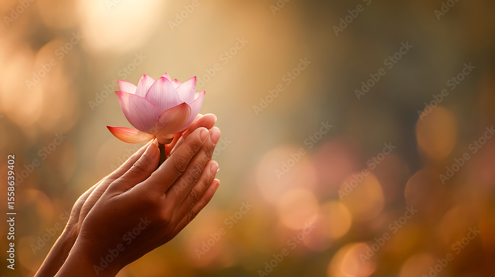 Poster delicate lotus flower held in hands with dreamy background and soft bokeh effect in warm tones
