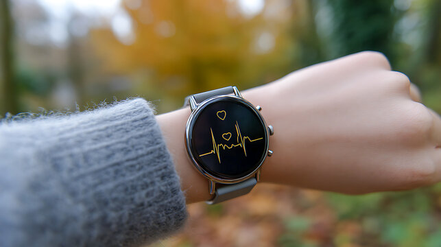 Stylish smartwatch with heart rate monitor feature worn on wrist in autumn park setting surrounded by colorful foliage - Powered by Adobe