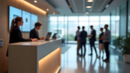 Blurred image of people queuing at a modern indoor service counter, business or government office environment, bright lighting with large windows and digital queue displays, public service scene