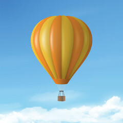 Fototapeta premium Vector Travel Banner with 3d Realistic Hot Air Balloon Icon on a Blue Sky Background. Design Template, Summer Vacation, Travelling, Tourism and Journey Concept