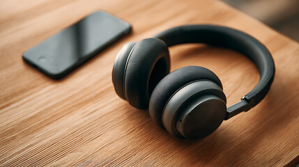 Modern Wireless Headphones on Wooden Table Beside Smartphone in Soft Natural Light