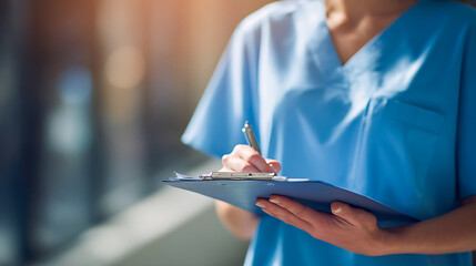 Medical professional in blue scrubs taking notes on clipboard in bright healthcare environment