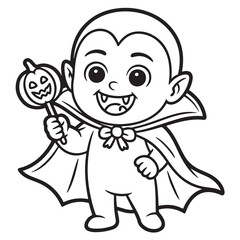 Smiling Baby Dracula with Jack-O’-Lantern Lollipop – Cute Halloween Vampire Line Art Illustration

