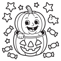  Laughing Halloween Baby Dressed as Pumpkin with Halloween Candy Line Art Page
