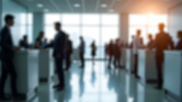 Blurred image of people queuing at a modern indoor service counter, business or government office environment, bright lighting with large windows and digital queue displays, public service scene