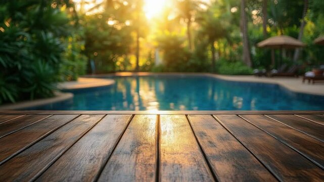 Tranquil tropical poolside deck at sunset with lush greenery and sunlit water reflections