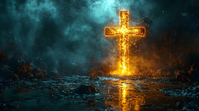 A radiant golden cross glows softly against a dark textured sky