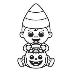  Halloween Baby in Cone Hat Sitting on Jack-o’-Lantern Candy Bucket Line Art Page
