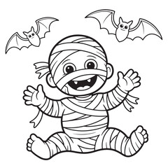  Laughing Baby Mummy with Flying Bats Halloween Line Art Coloring Sheet