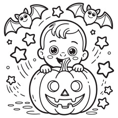  Happy Halloween Baby in Candy Corn Hat with Smiling Pumpkin Line Art Coloring Page
