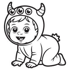  Crawling Baby Monster in Horned Costume Halloween Line Art Coloring Page