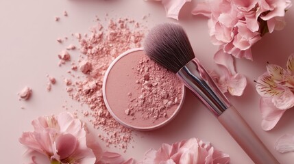 A makeup brush is on top of a container of powder