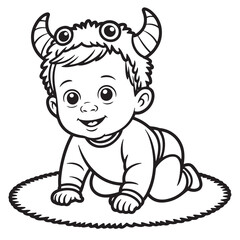 Cute Little Devil Baby in Halloween Costume Line Art Illustration for Kids Coloring Book