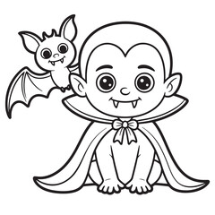Adorable Baby Vampire with Smiling Bat Line Art Illustration for Cute Halloween Coloring Page