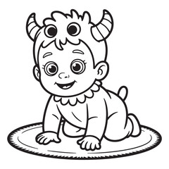Little Devil Baby Crawling in Halloween Costume Line Art for Kids Coloring Page