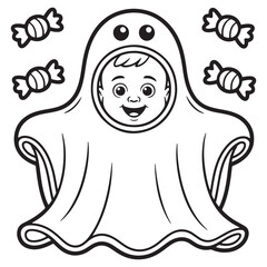 Smiling Toddler Dressed as a Ghost Surrounded by Candy Halloween Line Art Page
