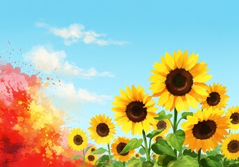 Obraz premium A cheerful illustration depicting a field of bright yellow sunflowers under a blue sky, enhanced by dynamic red and orange abstract paint splatters on the left.