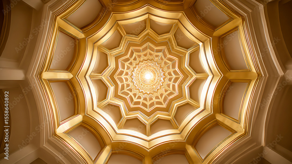 Poster stunning golden ceiling design with intricate patterns and elegant symmetry illuminated from the cen