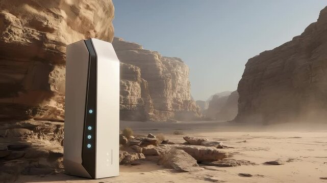 Futuristic Observation Device with Circular Indicators in Desert Landscape