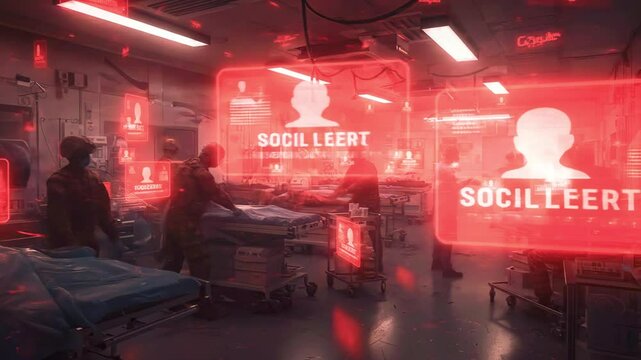 Futuristic hospital scene with medical staff attending patients amidst glowing holographic displays