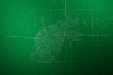 Map of the streets of Amarillo (Texas, USA) made with white lines on abstract green background lit by two lights. Top view. 3d render, illustration