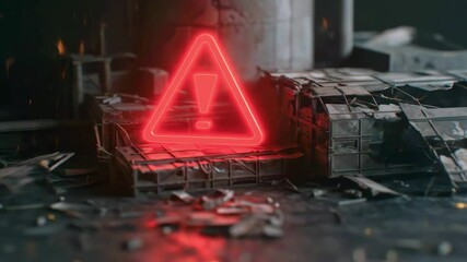 Warning symbol glowing in a desolate industrial setting with debris and shadows in the background - Powered by Adobe