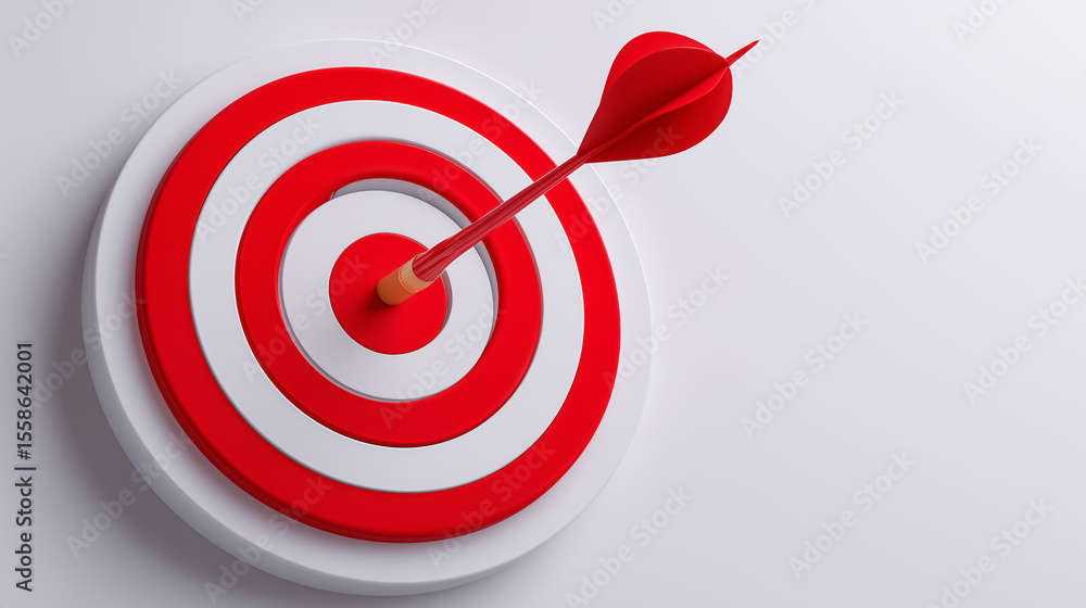Poster arrow strikes red and white target centered on smooth white surface. image conveys precision, focus,