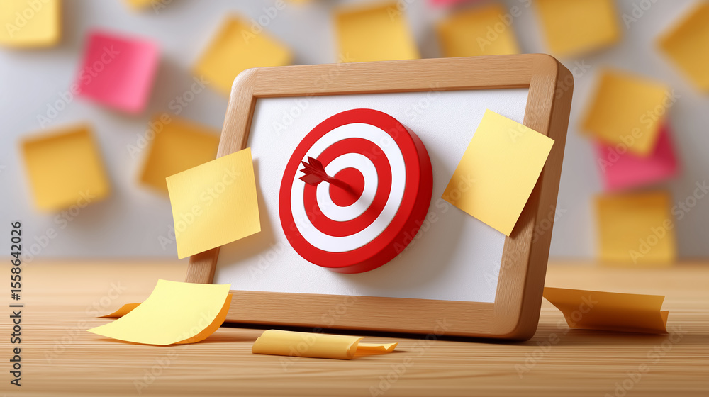 Poster target board with red bullseye stands in front of a wall cluttered with colorful sticky notes. brigh