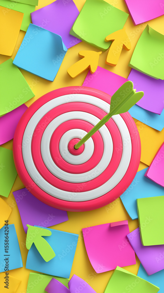 Poster colorful sticky notes scattered around a pink and white bullseye target with green arrow in center. 