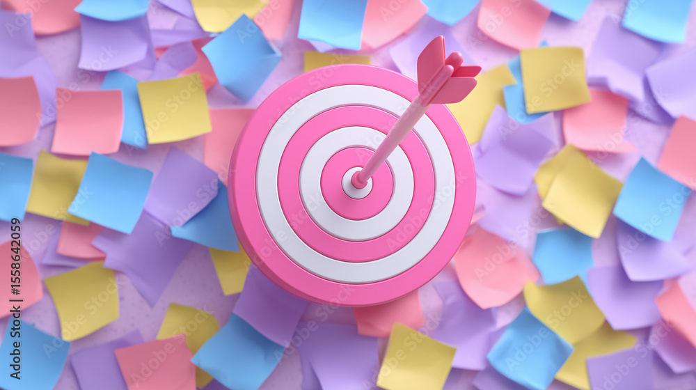 Poster colorful target with arrow positioned on top of circular design. surrounded by vibrant sticky notes 