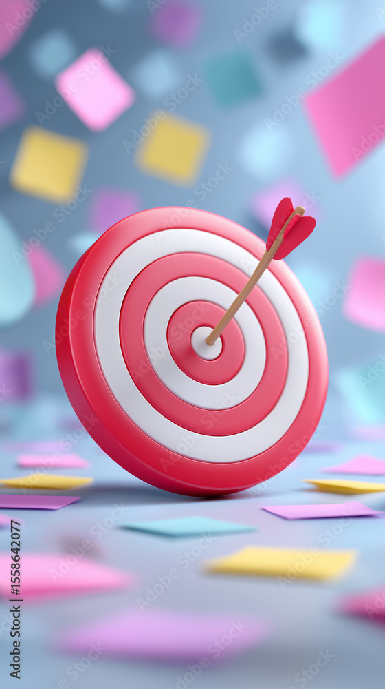 Poster target with arrow hitting center is featured against a backdrop of colorful sticky notes. emphasizin