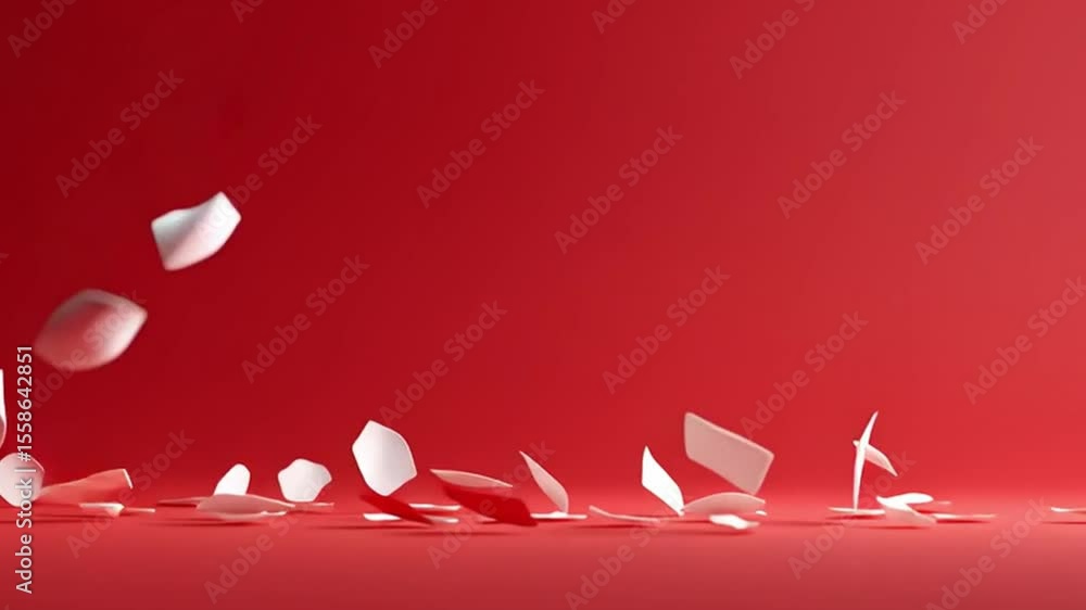 Poster dynamic visual movement abstract paper shapes in white and red against vibrant background, evoking c