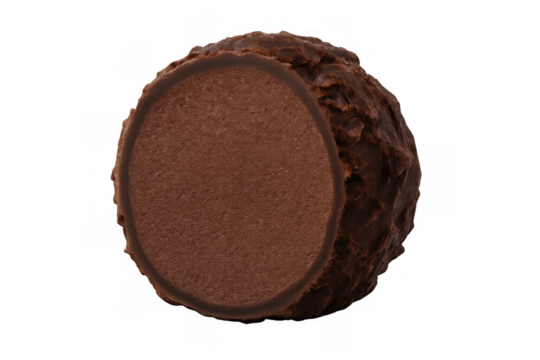 Half of a chocolate truffle reveals its soft center, showcasing a delectable treat with a transparent background