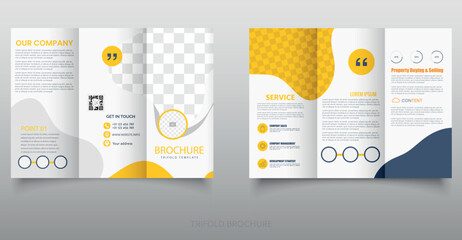 Modern Corporate Trifold Brochure Template Design. Clean and modern trifold brochure template with yellow and navy blue accents. Ideal for corporate, business, real estate, and service promotions.