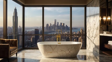 Luxury bathroom with marble tub and cityscape view through large windows in a high rise apartment