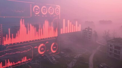 Futuristic data visualization overlaying a misty urban landscape depicting post-apocalyptic scenes - Powered by Adobe