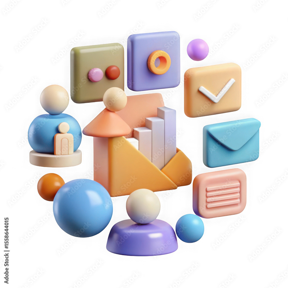 Poster 3d abstract icons representing business and communication concepts isolated on transparent backgroun