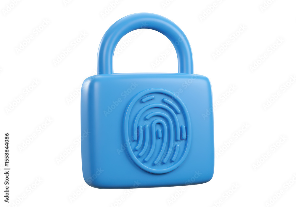 Poster isolated blue padlock with fingerprint scan for biometric security