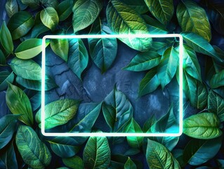 Fototapeta premium Arrangement Minimal nature concept. Creative layout made of green leaves with neon light frame wild forest jungle concept.