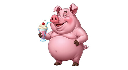 Isolated Cartoon Pig Drinking Milkshake