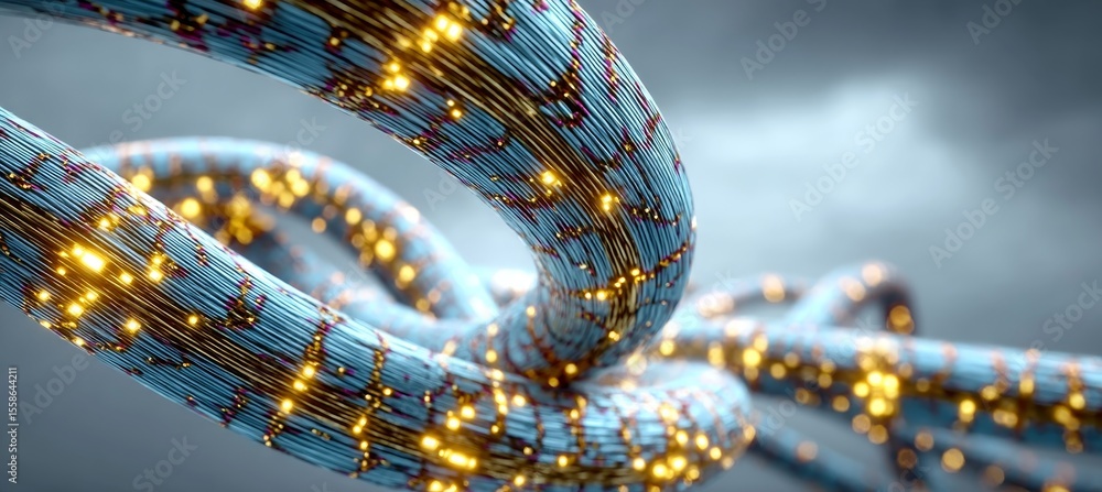 Poster futuristic blue cables intertwined with flowing golden signals in a complex abstract network design