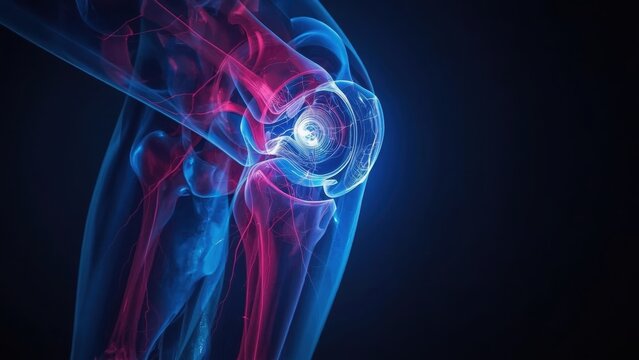 Transparent knee. Pemf therapy Inflammaging Embody Self healing process Wolverine peptide optp Nference fibroblast Insilico Medicine Kriya Therapeutics Blue red. Human anatomy. X-ray vision. Joint bo