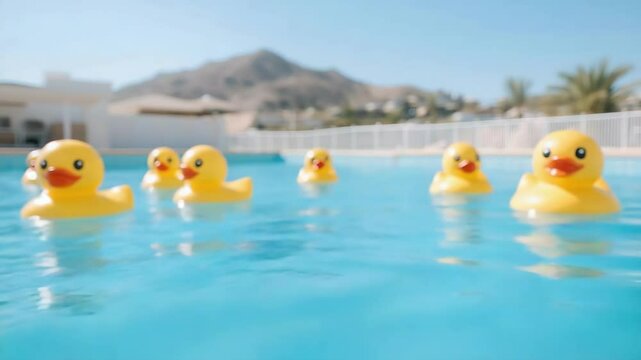 Yellow rubber ducks floating in a swimming pool on a sunny day