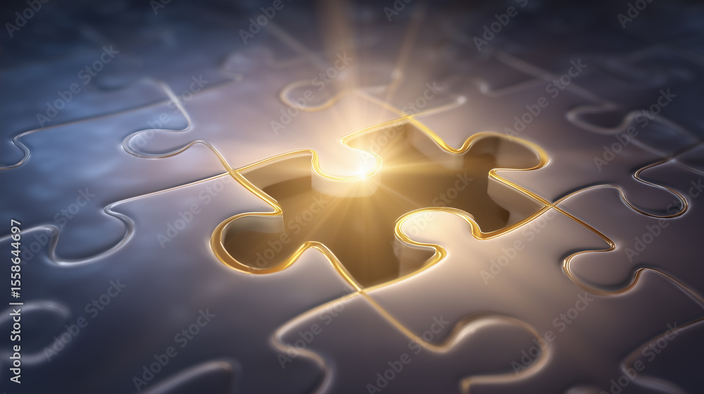 Poster light beams through empty puzzle piece, illuminating dark puzzle background. concept of problem-solv