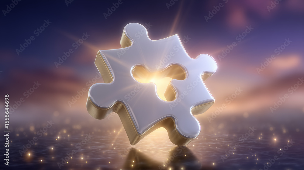 Poster 3d gold puzzle piece shining with sparks in mystical setting. soft clouds create a serene atmosphere