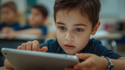 Boy concentrated. Digital tablet. Classroom learning. Young student. Casual clothes. Education technology. E-learning concept. Interactive device. Study environment. Focused expression. Elementary ag